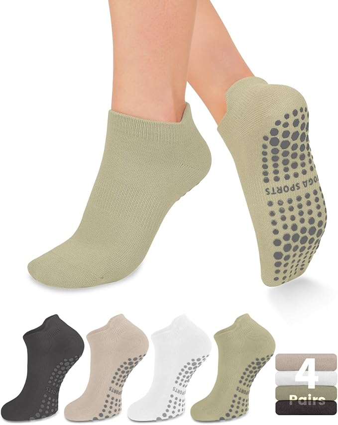 yeuG Pilates Socks for Women Non Slip Grip Socks for Yoga, Barre, Hospital, Barefoot Grippy Yoga Sock Womens Gifts 4 Pairs