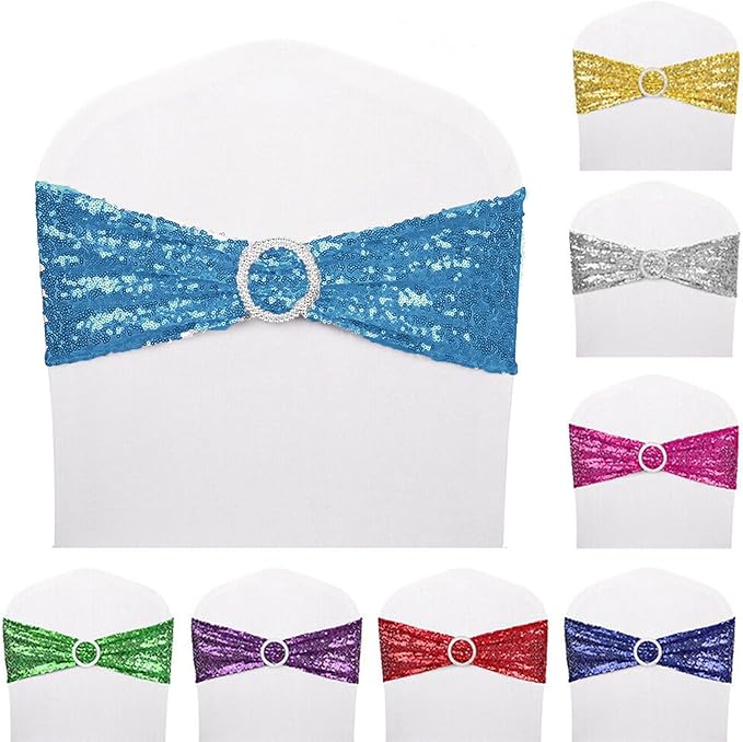 25 PCS Stretch Sequin Chair Sashes Chair Stretchy Spandex Bands for Wedding Reception Events Banquets Chairs Decoration (Turquoise)
