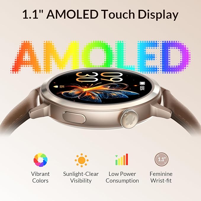 FANY Luna Smart Watch for Women, 1.1'' AMOLED Ultra-clear Display with Aluminum Case & Leather Band, Fitness Tracker Sleep/Heart Rate/SpO2/Step Monitor, 110+ Exercise Modes, FANY See the Vibe
