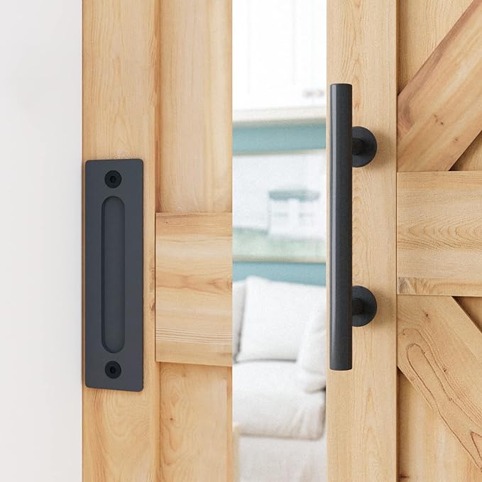 SMARTSTANDARD 11 FT Heavy Duty Sturdy Sliding Barn Door Hardware Kit, Black, (Whole Set Includes 1x Pull Handle Set & 1x Floor Guide) Fit 66" Wide Door Panel (I Shape Hanger)