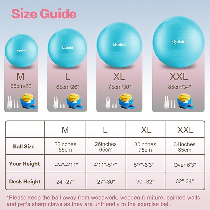 kisnbld Exercise Ball, Extra Thick Yoga Ball for Workout Pregnancy Stability, 4 Sizes Anti-Burst Balance Ball with Foot Pump - Heavy Duty Fitness Ball Chair for Office, Home & Gym