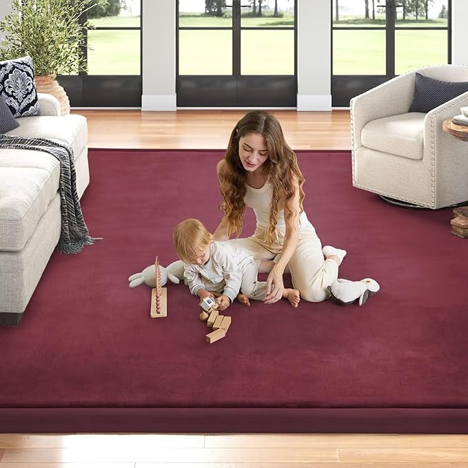 Baby Play Mat for Floor Nursery Muscle Area Rug Playroom Rug 47"x47" Memory Foam 1.3" Thick Crawling Mat for Babies,Toddlers, Infants,Kids(Burgundy)