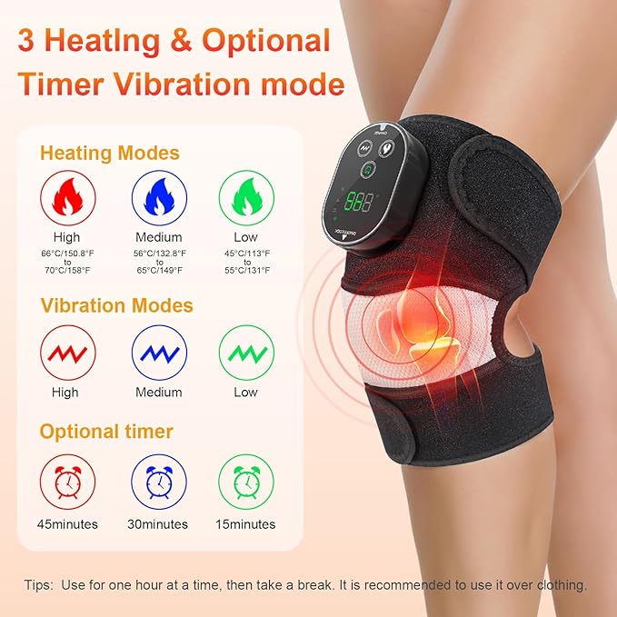 Cordless Heated Knee Massager, FSA Eligible 3-in-1 Wearable Wrap for Knee, Elbow and Shoulder, Rechargeable Heat and Vibration Massager, 6 Heat Levels, 3 Massage Modes