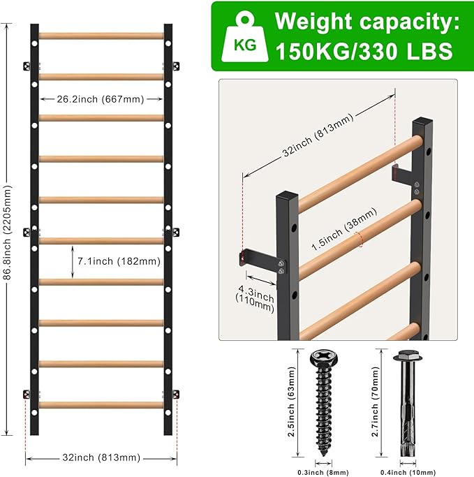Kipika Gymnastic Wood Stall Bar - 2"x2" Swedish Ladder with 1" Hole, Wall Mounted Ladder Suspension Trainer, Solid Wood Grips Gymnastics Training Bar for Home, Wall Gym, School & Clinics