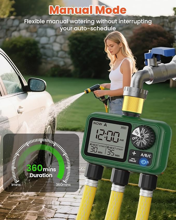 Water Timer for Outdoor Garden Hose, Sprinkler Timer for Garden Faucet with Auto/Manual/Rain Delay Mode, Sprinkler Irrigation Controller for Yard Lawn (3 Zones Brass Inlet & Outlet)