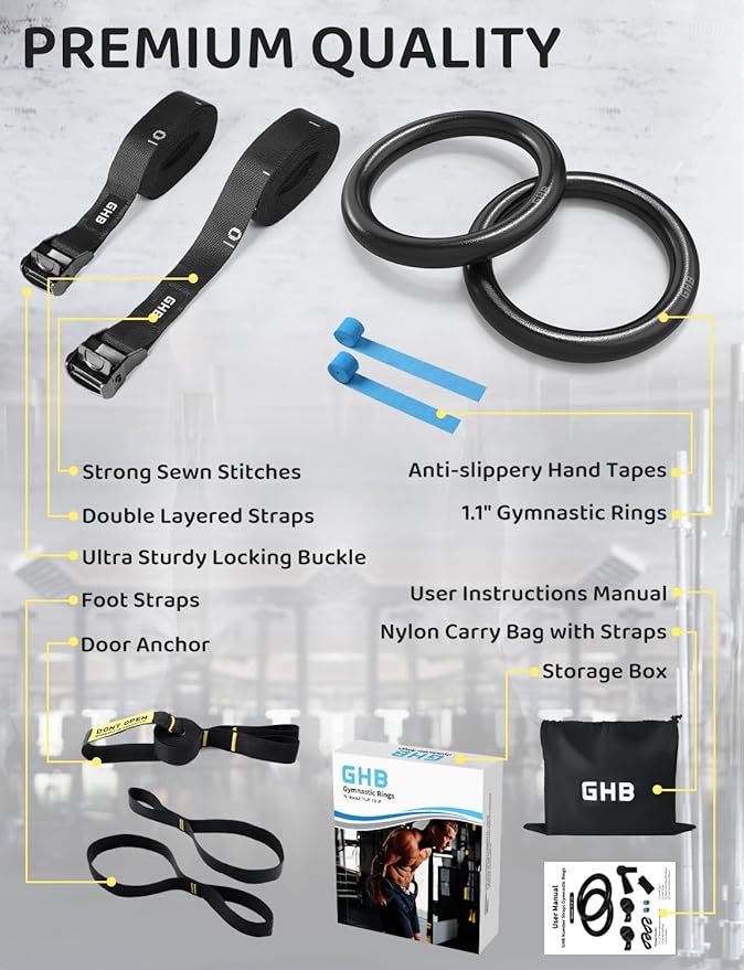 GHB Gymnastic Rings Gym Rings 1.1" Olympic Rings Adjustable Straps Pull Up Rings Sets for Workout Bodyweight Fitness Training
