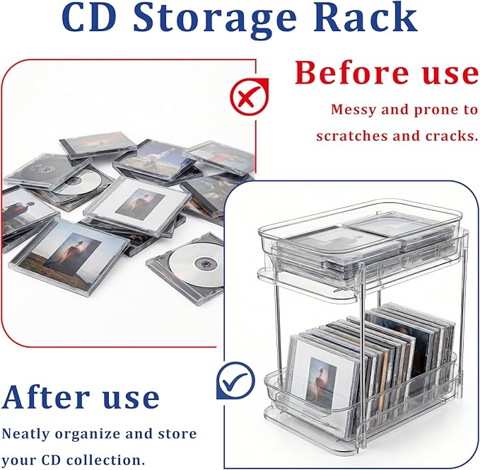 Clear CD Organizer, 3-Tier Sliding Drawer Storage Shelf - Holds 72 CDs, Versatile Organizer for VCDs DVDs CDs, Cosmetics, Cups (3-Tier)