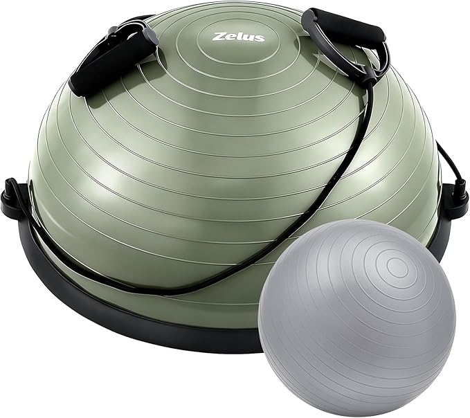 ZELUS Balance Ball Trainer with Resistance Bands and Foot Pump, Inflatable Yoga Ball for Home Gym Workouts, 23 Inch Exercise Half Ball for Balance Training Core Strength Fitness More, 330lb Cap