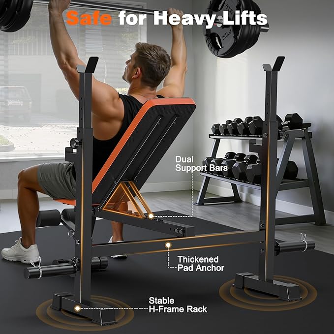 Fostoy Adjustable Weight Bench with Squat Rack, 770lbs Heavy Duty Olympic Bench Press for Home Gym, Multi-Function Flat Incline Workout Bench Family Strength Training With Removable Foot Catch