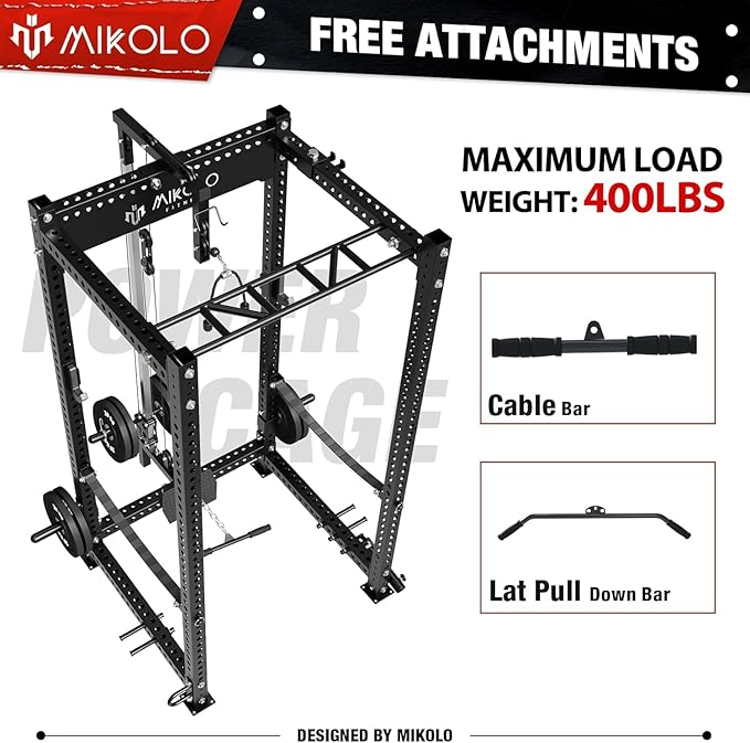 Mikolo 3"x3" Power Cage, Multi-Function Power Rack with LAT Pull Down Pulley System, Commercial Squat Rack for Home Gym with 3x3 Attachment, 1500 lbs Weight Capacity