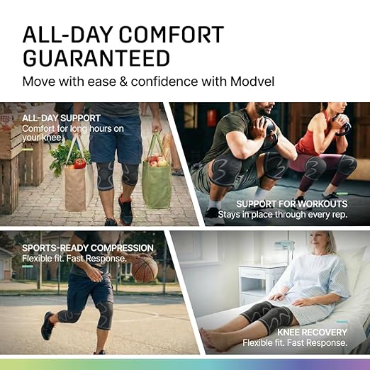 Modvel 2 Pack Knee Brace for Women & Men - Knee Support for Walking, Knee Compression Sleeves for Pain Relief, Knee Sleeves for Women, Knee Sleeves for Men, Knee Brace for Sports, Workouts & Arthritis