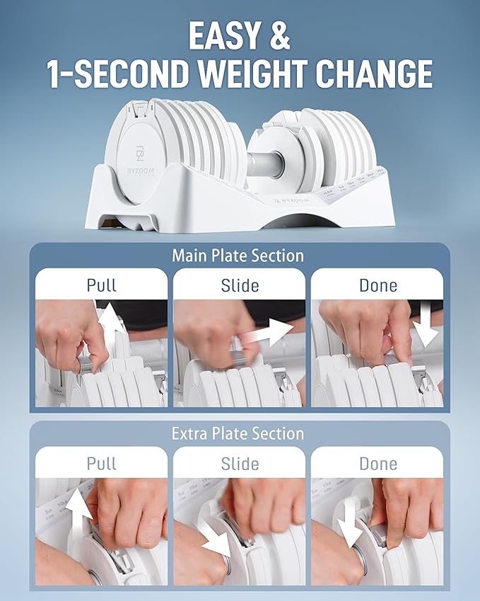 BYZOOM FITNESS Pure Series Adjustable Dumbbell - 12.5/25/27.5/75lb - ONE UNIT OR PAIR(check QTY before purchase) - 5-in-1/ 10-in-1 / 21-in-1 Flexible Hand Weights for Home Gym, Strength Training & Fitness Workouts, White OR Black