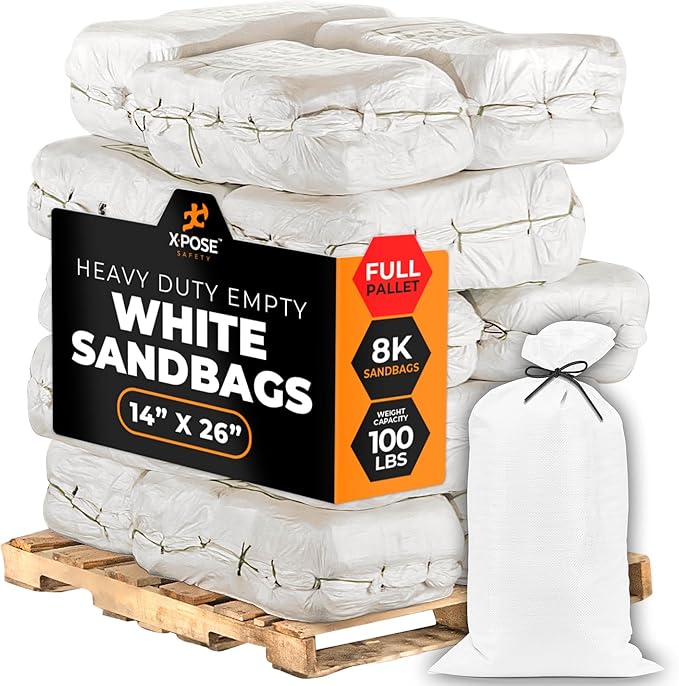 Xpose Safety Heavy Duty Sand Bags with Tie Strings – Empty Woven Polypropylene Sandbags for Hurricane Flood Protection, 100 lb Capacity, 14" x 26", White, Bulk Full Pallet Pack of 8000