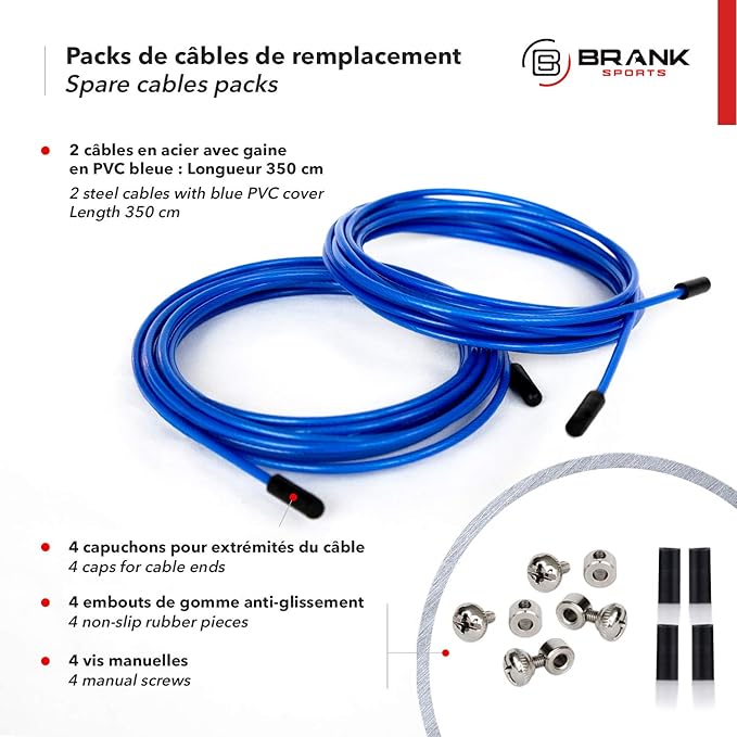 BRANK SPORTS® Pack of 2 Replacement Steel Ropes for all Jump Ropes | Length 12' | 2 Diameters and 7 Colors to Choose From | Replacement Bindings Included | Ideal for Advanced to Double Under