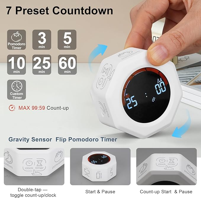 Small Productivity Timer - Pomodoro Timer with 3/5/10/25/60 Min Presets & Custom Countdown | Magnetic Rechargeable Digital Clock for Desk, Study and Games (White)