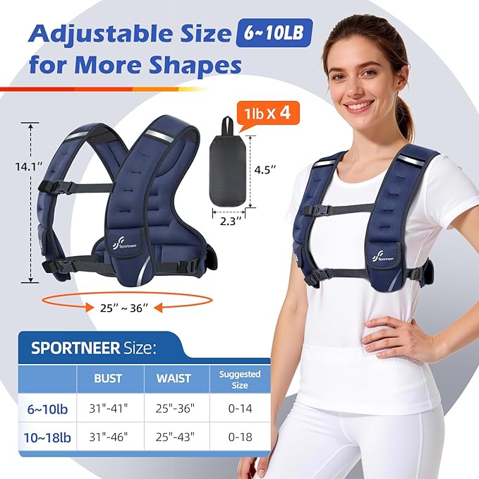 Sportneer Adjustable Weighted Vest Woman: 6-10lb/10-18lb Weighted Walking Vest for Women with 4/8 Weight Packs Fast Adjust Comfortable Weight Vest for Home Gym Burn Calories Strength Training Vests