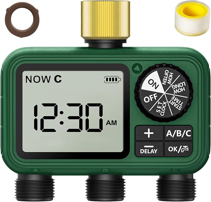 Water Timer for Outdoor Garden Hose, Sprinkler Timer for Garden Faucet with Auto/Manual/Rain Delay Mode, Sprinkler Irrigation Controller for Yard Lawn (3 Zones Brass Inlet)