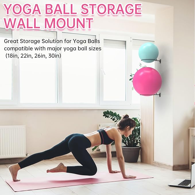 Wall Mount Stability Ball Storage Rack for 26" Large Balls, Adjustable Heavy Duty Exercise Ball Holder for Home Gym, Metal Bracket for Yoga Ball, Swiss Ball, Physio Ball, Medicine Ball
