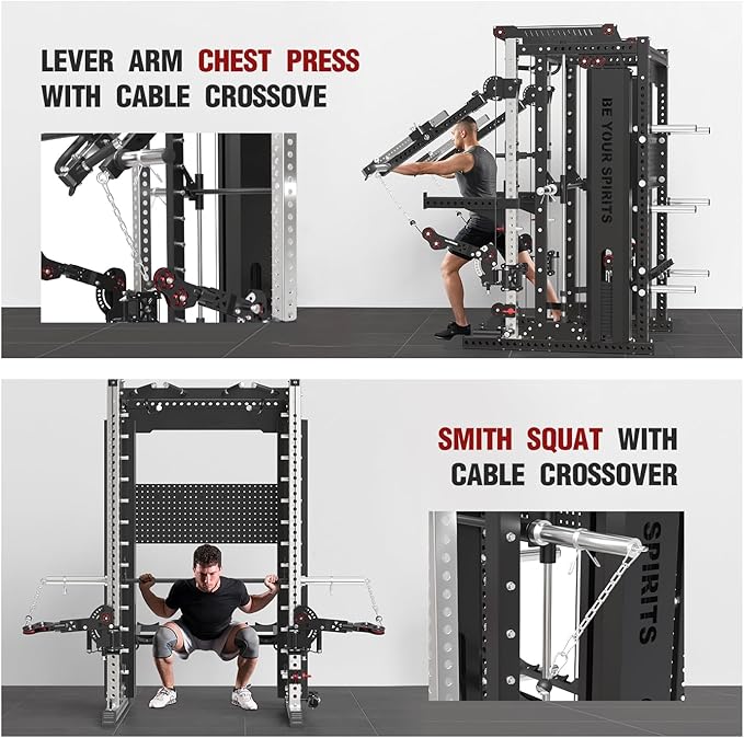 Commercial Smithe Machine with Dual Weight Stacks, Power Cage Squat Rack with Lever Arm & Leg Press Attachment, Multi-Function Linear Bearing Cable Crossover Machine for Home Gym