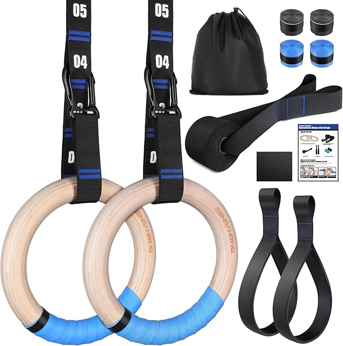 RENRANRING Gymnastic Rings Wooden Gym Rings 1.25'' Exercise Rings with Quick Adjust Numbered Straps, Olympic Rings for Home Gym Training, Workout, Calisthenics, Pull Up