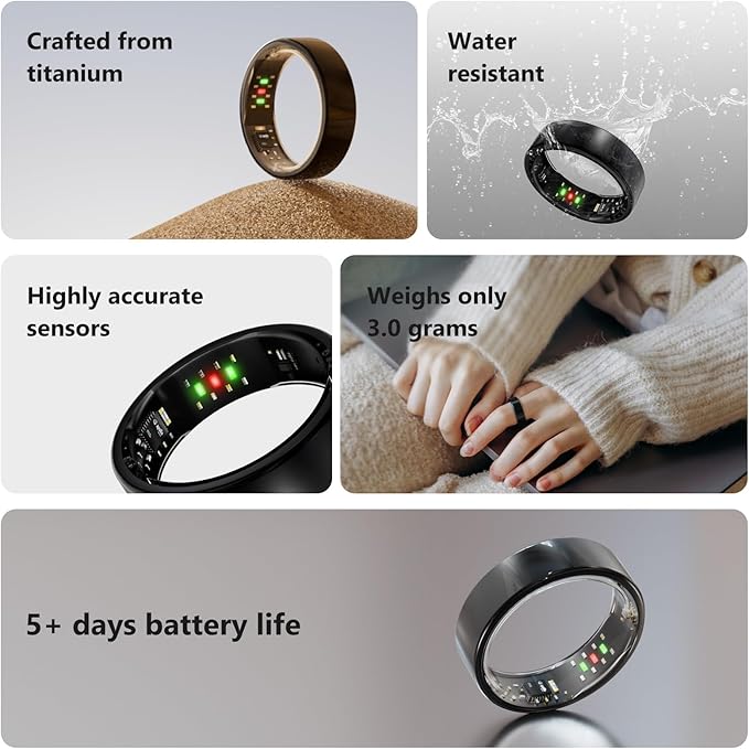 Titanium Smart Ring, Sleep & Activity Tracking Ring with Heart Rate, HRV, Stress Insights, 7-Day Battery Life, No Subscription, IP68 Waterproof, iOS & Android Compatible (Black, 9)