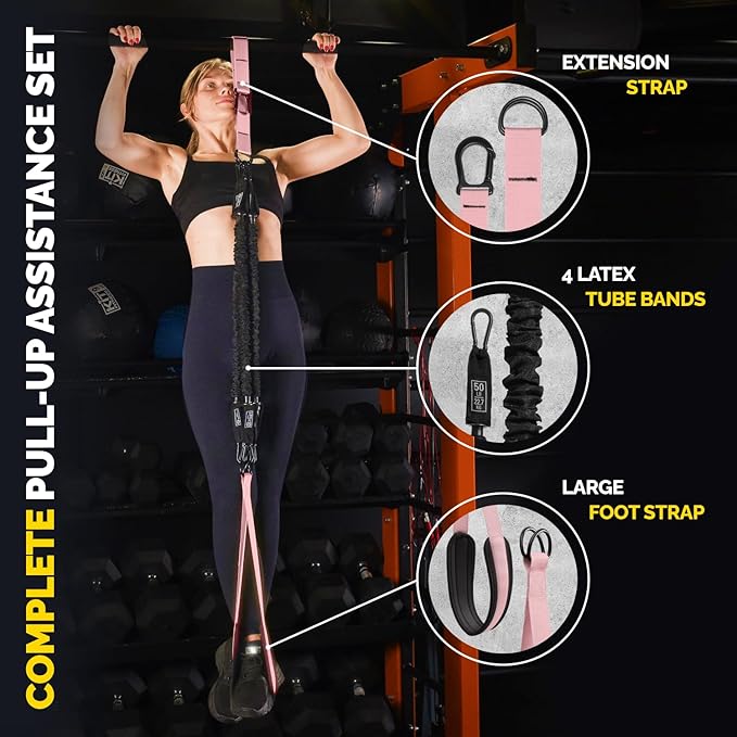Pull Up Assistance Bands - 4 Heavy Duty Pull Up Bands with Adjustable Strap and Foot Rest - Stackable Pull Up Assist Band Set for Pull Up Bar - Resistance Bands for Pull Ups Chin Ups Strength Training