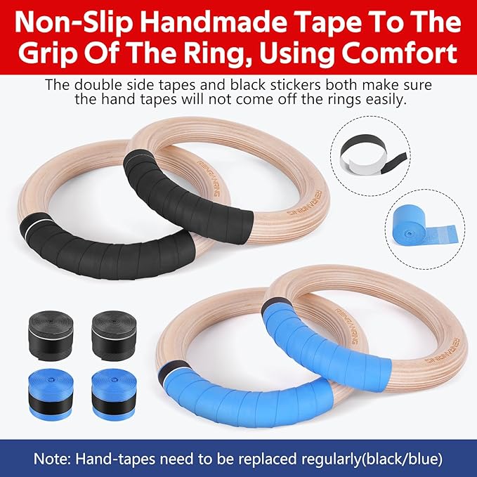 RENRANRING Gymnastic Rings Wooden Gym Rings 1.25'' Exercise Rings with Quick Adjust Numbered Straps, Olympic Rings for Home Gym Training, Workout, Calisthenics, Pull Up