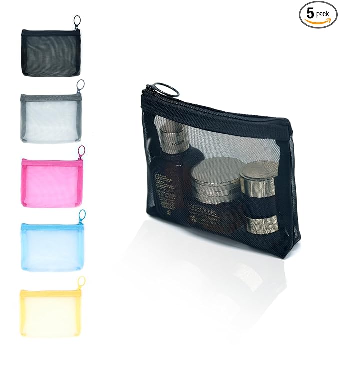 Patu Widened Mini Zipper Mesh Bags, Size S, 5" x 4" x 2", 5 Pieces, Beauty Makeup Lipstick Cosmetic Accessories Organizer Case, Small Travel Kit Storage Pouch, Assorted Colors