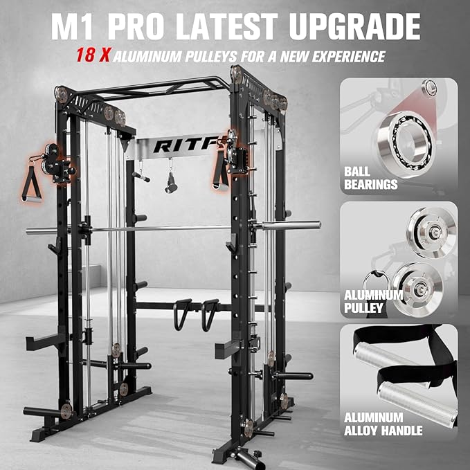 RitFit M1 Pro Smith Machine with Cable Crossover System, Multi-Function Squat Rack Power Cage for Home Gym, Power Rack and Packages