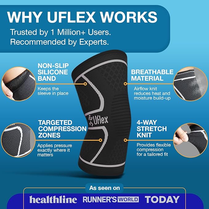 UFlex Athletics Knee Brace for Men and Women Knee Compression Sleeve Support for Arthritis Joint Pain Relief, Workout, Swelling, Sports, Circulation, Running, Recovery Support for ACL & Meniscus Tear