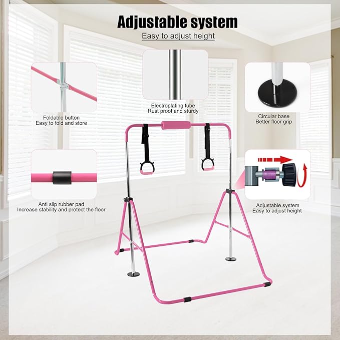 YEEGO DIRECT Gymnastics Bar for Kids with Rings, Folding Gymnastics Bars Horizontal Bar for Kids Ages 3-10, Expandable for Home Training Kids Gifts for Girls Boys