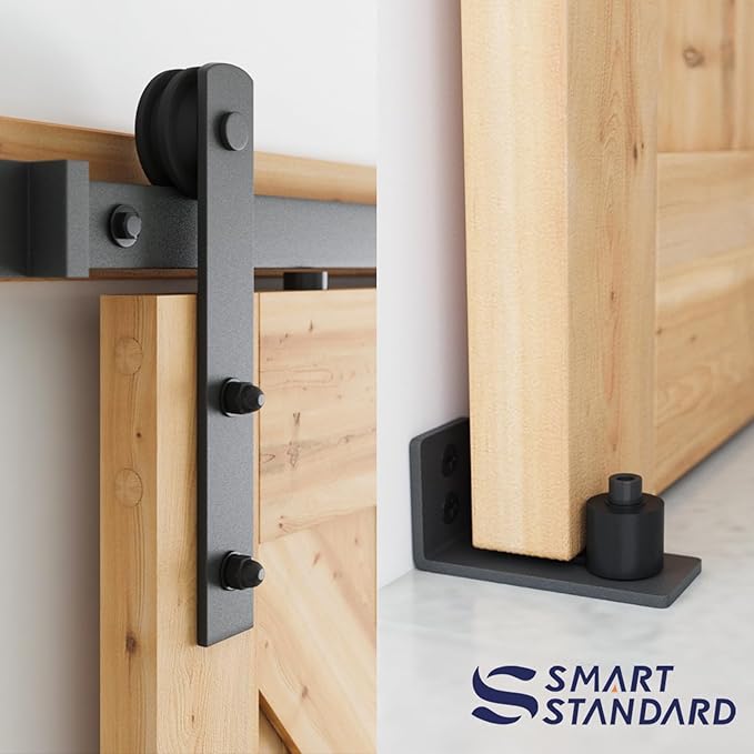 SMARTSTANDARD 7.5 FT Heavy Duty Sturdy Sliding Barn Door Hardware Kit, Black, (Whole Set Includes 1x Pull Handle Set & 1x Floor Guide) Fit 45" Wide Door Panel (I Shape Hanger)