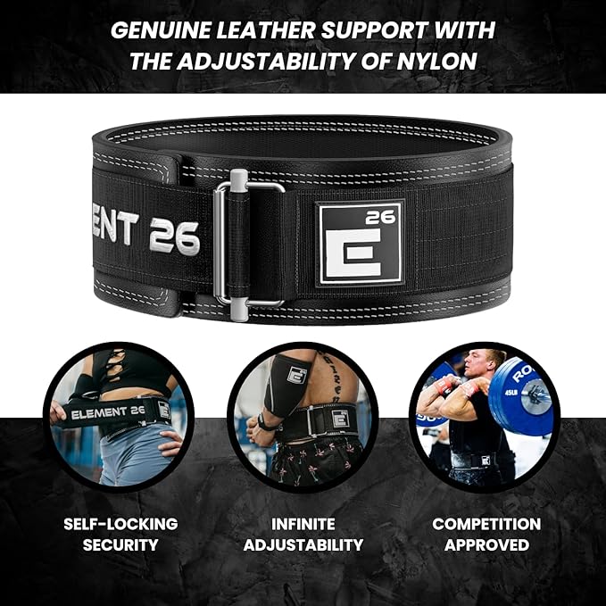 Element 26 Hybrid Leather Weight Lifting Belt for Men & Women - Self locking Adjustable Leather Belt for Powerlifting, Olympic lifting & Functional Fitness - Weight Belt, Squat Belt, Back Support