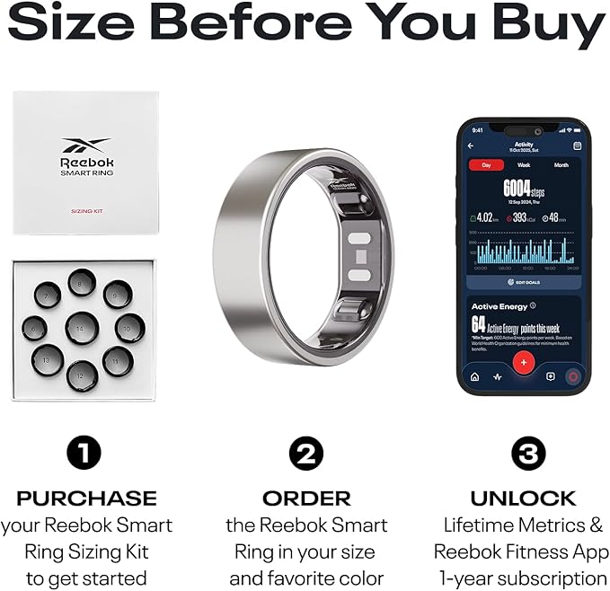 Reebok Smart Ring for Women or Men - Matte Black - Subscription Free - The Next Generation of Wearable Technology - Fitness and Sleep Tracker - Monitors Wellbeing and Recovery