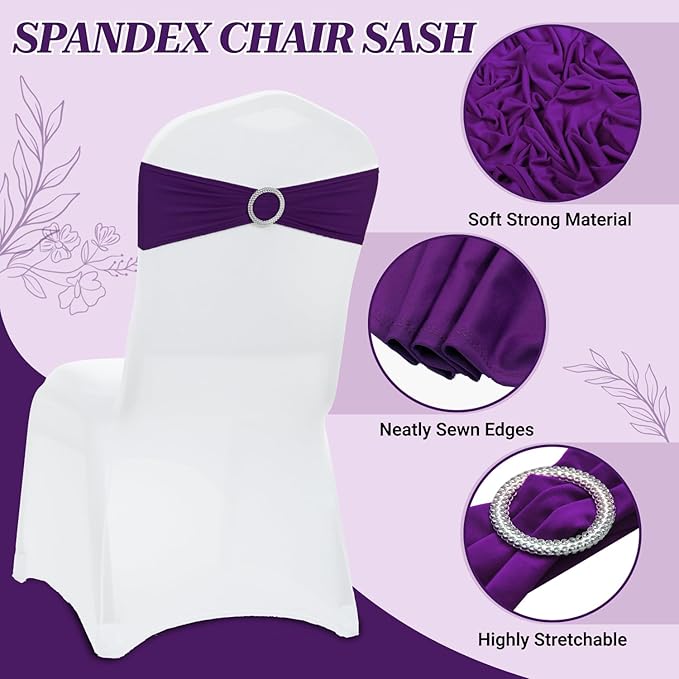 VDS - Purple | Spandex Chair Sashes Bows | 250 PCS | Stretch Elastic Banquet Universal Folding Chair Band Tie with Silver Buckle Slider for Wedding Party Conference Celebration Event Decoration