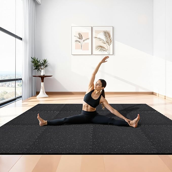 VEVOR 0.56Inch 96sq.ft 24 Tiles Gym Flooring for Home Gym, Rubber Top with High Density EVA Foam, 24 x 24In Gym Floor Exercise Equipment Mats, Interlocking Gym Mats, Puzzle Workout Mats, Black & Gray