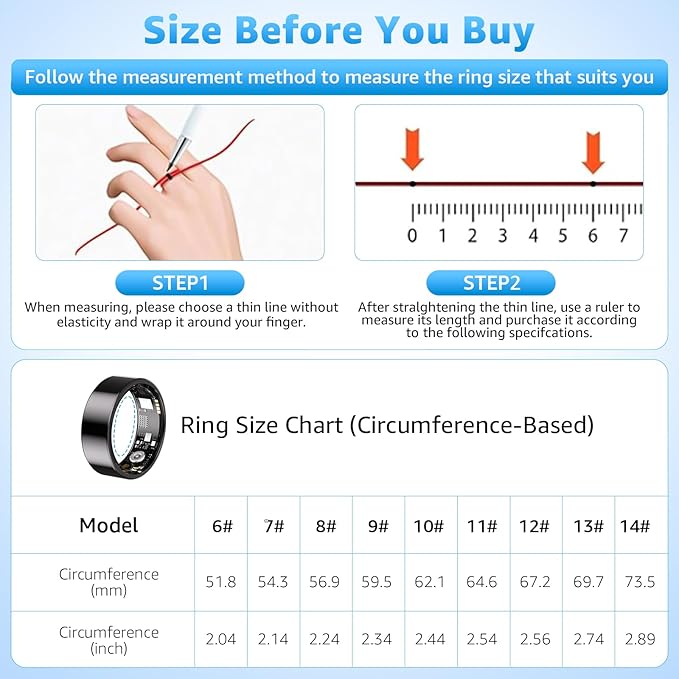 Smart Ring Health Tracker for Women & Men, Fitness Ring with Heart Rate Blood Oxygen, Sleep monitor, Step Tracker, IP68 Waterproof Compatible with iOS & Android, No Subscription Fee (Black, 13)