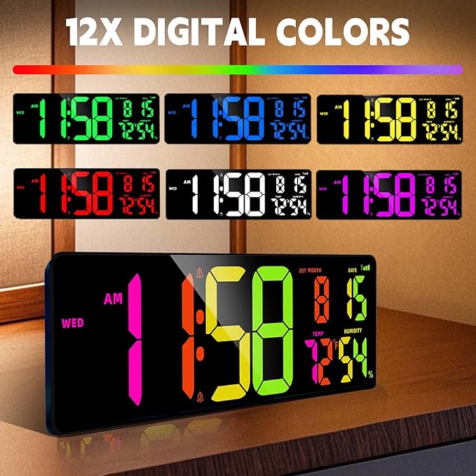 16.5" Large Digital Wall Clock, Bluetooth Sync Time, Count Down Timer, Dual Alarm, Big LED RGB Color, Auto DST, Digital Clock for Living Room Classroom Desk, Christmas Birthday Gift for Senior Mom Dad