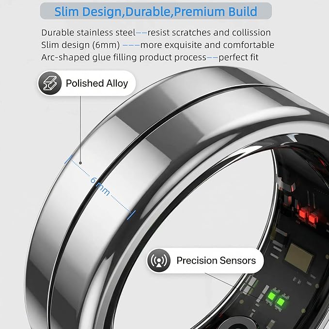 Smart Ring with Exclusive APP（no Subscription fee） & Bluetooth 5.1, Magnetic Charging 18mAh Battery, 24/7 Fitness & Health Monitor (Heart Rate, Blood Oxygen, Sleep Tracking) (Silver, 9#)