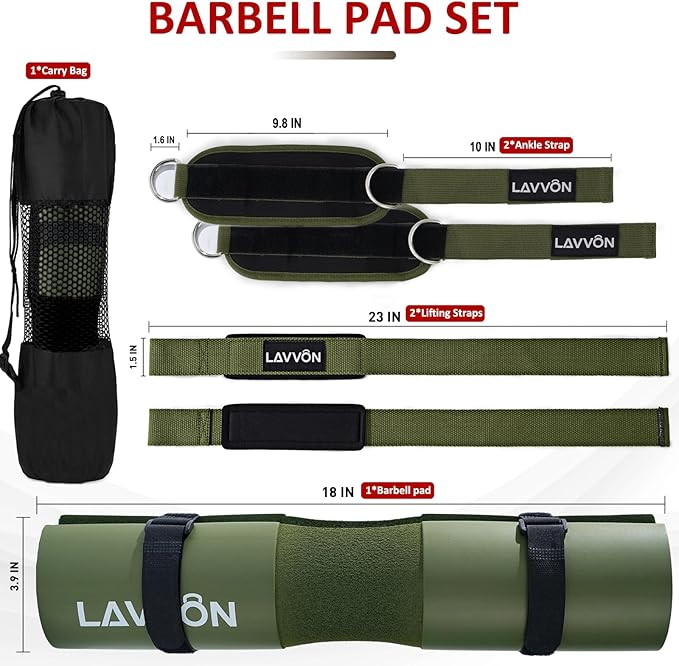 Squat Pad Set - Foam Barbell Pad for Squats Cushion, Lunges & Bar Padding for Hip Thrusts - Standard Olympic Weight Bar Pad - With Ankle Straps, Wrist Straps for Weightlifting