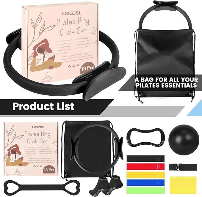 Pilates Kit for Women 13PCS, Pilates Ring and Ball Set with Magic Circle, Resistance Bands Set, Figure 8 Band, Yoga Ring & Grip Socks, Home Workout Equipment Essentials Starter Kit for Beginners