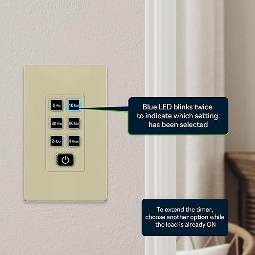 TOPGREENER 4-Hour No Neutral Wire Countdown Timer Switch, 5-10-30-60 Min 1-2-4 Hour Settings, for Fans and Lights, LED Indicator, 120VAC 60Hz, 1/2HP, 150W LED, UL Listed, TGT06-4H-JT-I, Ivory