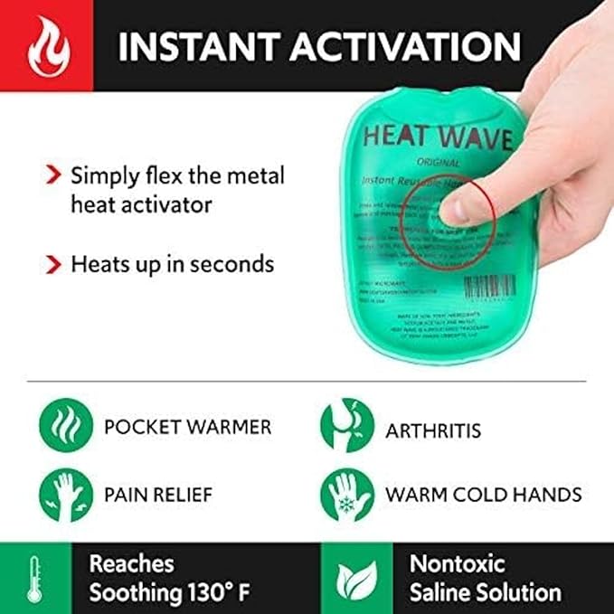 Heat Wave Instant Reusable Heat Packs Small 2-Pack Clear: Instant Reusable Hand Warmers for Camping, Hiking, and Pain Relief (3” x 5”), Click Heat Safe, Non-Toxic and Made in USA