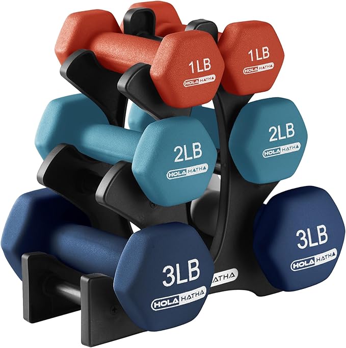 HolaHatha 2, 3, 5, 8, and 10 Pound Neoprene Dumbbell Free Hand Weight Set with Rack, Ideal for Home Exercises to Gain Tone and Definition, Pastel