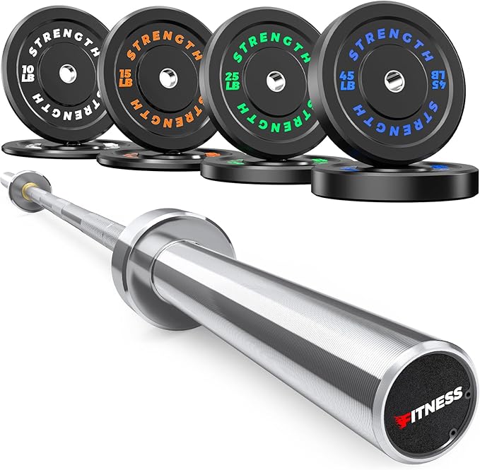 2-Inch Olympic Bumper Plates, 100% Virgin Rubber Low Bounce Barbell Weight Plates for Home Gym Strength Training, 10lb-45lb Black with Color-Coded