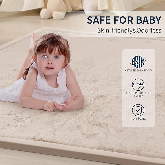 ACOMOPACK Baby Play Mat for Floor 1.3" Thick Memory Foam Play Mat 79"×118" Tummy Time Crawling with Non-slip Bottom for Living Room,Nursery,Soft Velvet Playpen Mats for Kids,Infants（Beige）