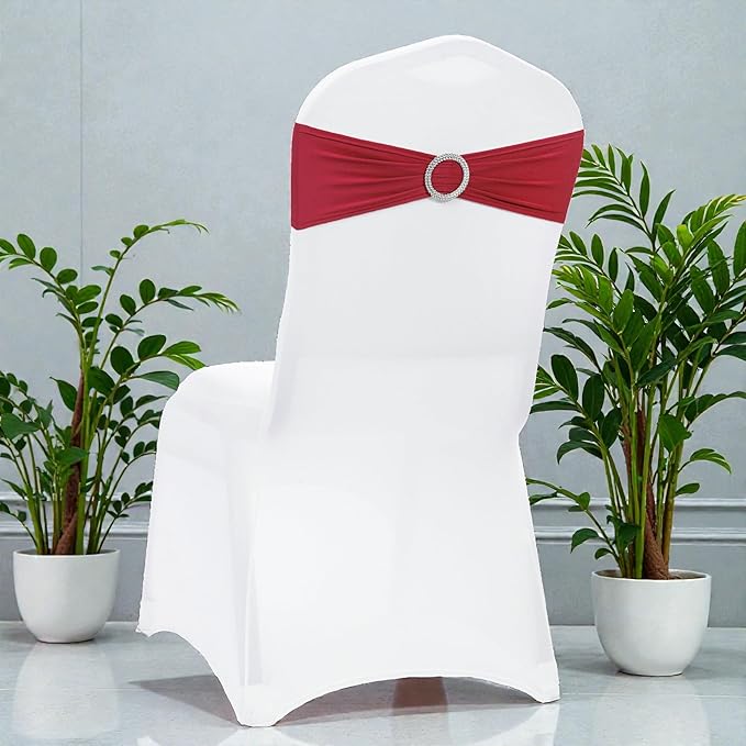 VDS - Apple Red | Spandex Chair Sashes Bows | 300 PCS | Stretch Elastic Banquet Universal Folding Chair Band Tie with Silver Buckle Slider for Wedding Party Conference Celebration Event Decoration