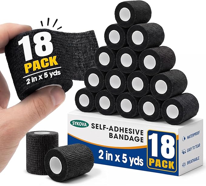 18 Pack Self Adhesive Cohesive Wrap Bandages, Strong Elastic Cohesive Sports Wrap, Black Athletic Tape and First Aid Supplies for Ankle Support, Athletic Tape for Stretch Athletic, Sports
