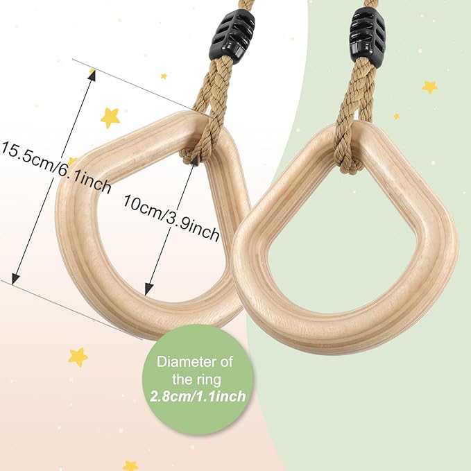 YAERSI Wooden Gymnastics Rings,Pull up Rings with Adjustable Buckle, Wooden Swing Rings for Kid's Home Exercise