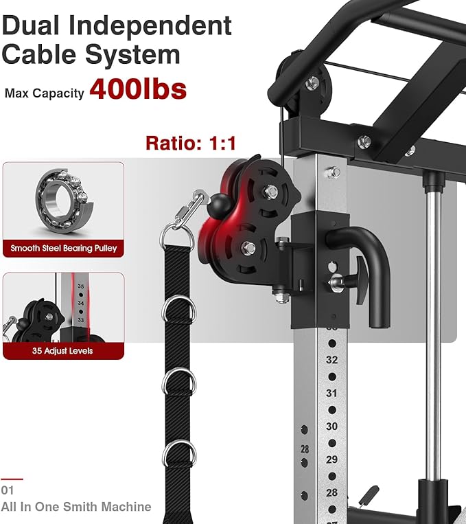 DONOW Smith Machine with Weight Stacks, Multi Function Home Gym System Training Power Cage Squat Rack Dual Cable Crossover Machine All in One